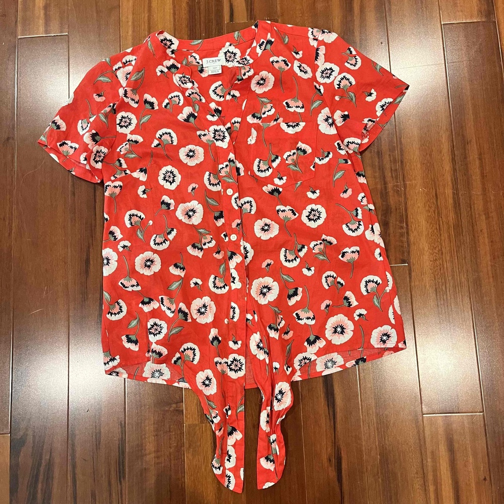 J Crew Red Floral Button Up Blouse Tie Front Short Sleeve Cotton Top Size XXS